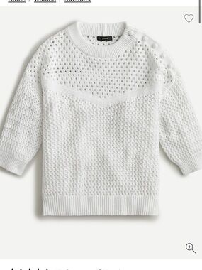 J. Crew White Pointelle Crewneck Sweater with Shoulder Buttons